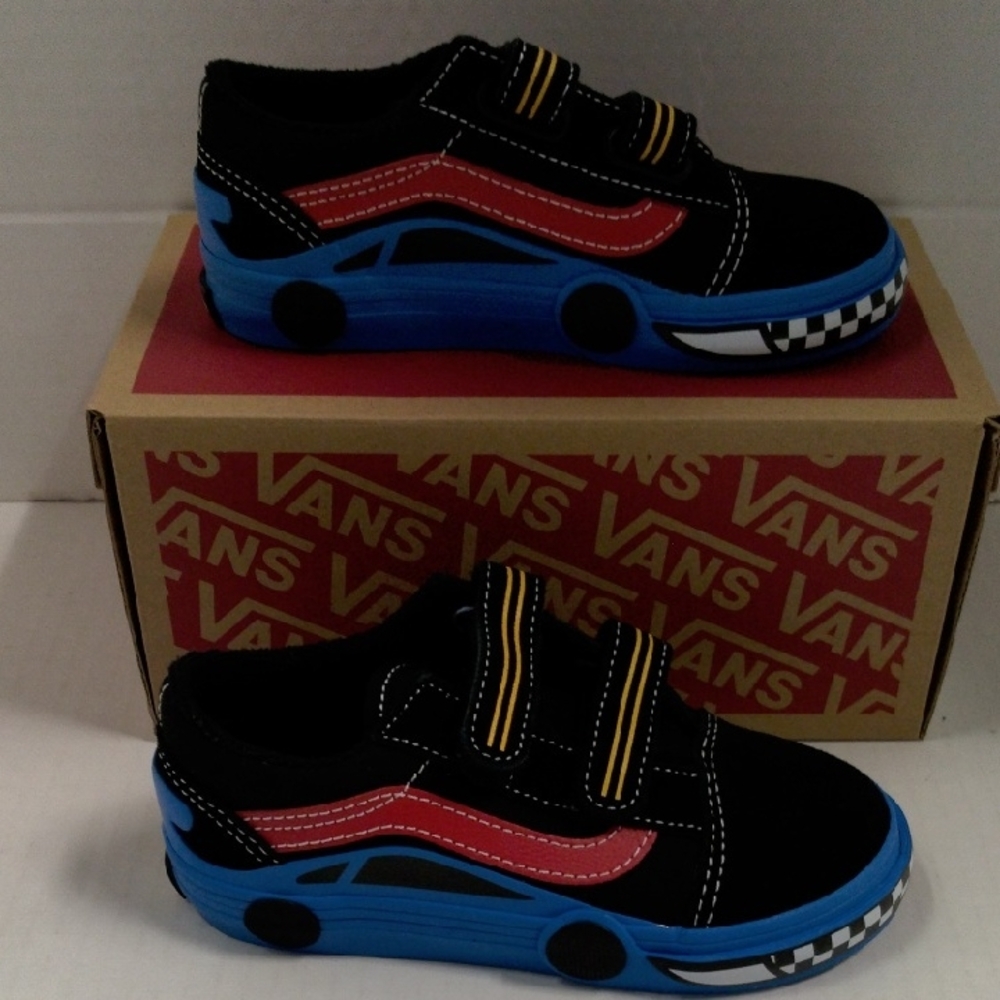 Vans Car  Black and Blue Toddler Shoes with Red Stripe